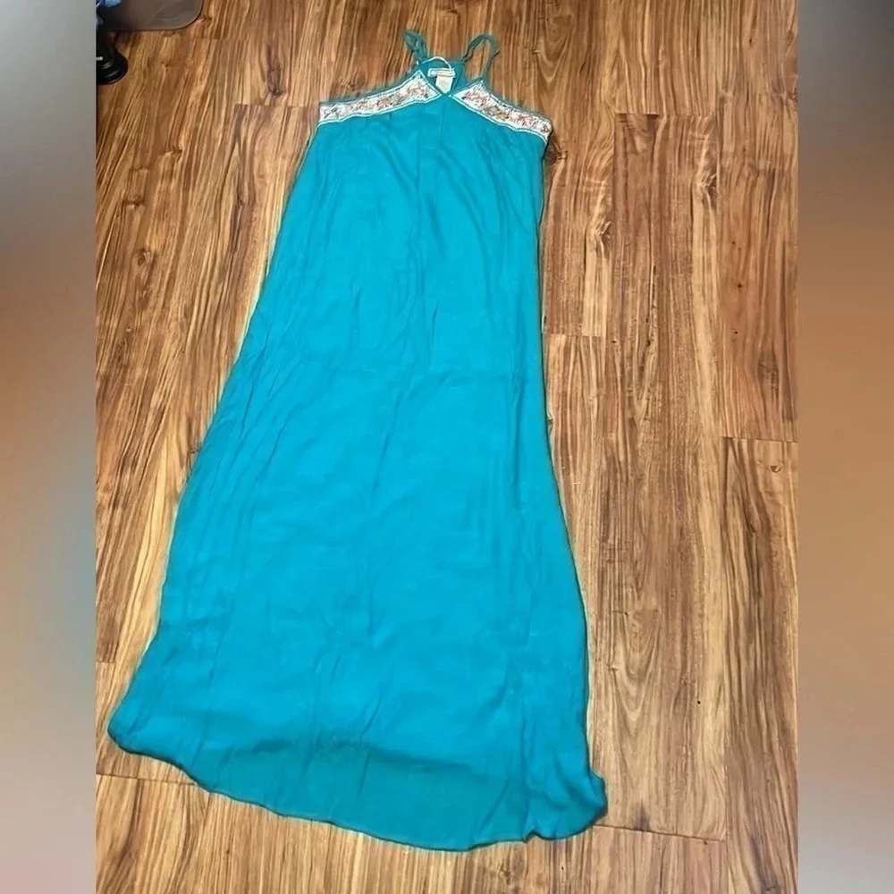 Flying tomato women’s dress maxi Large haute hippie boho blue embroider design